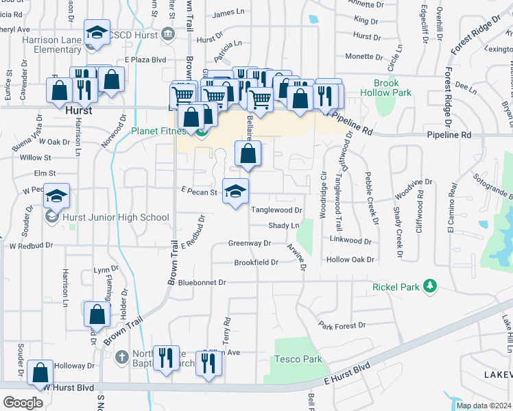 map of restaurants, bars, coffee shops, grocery stores, and more near 705 Tanglewood Drive in Hurst
