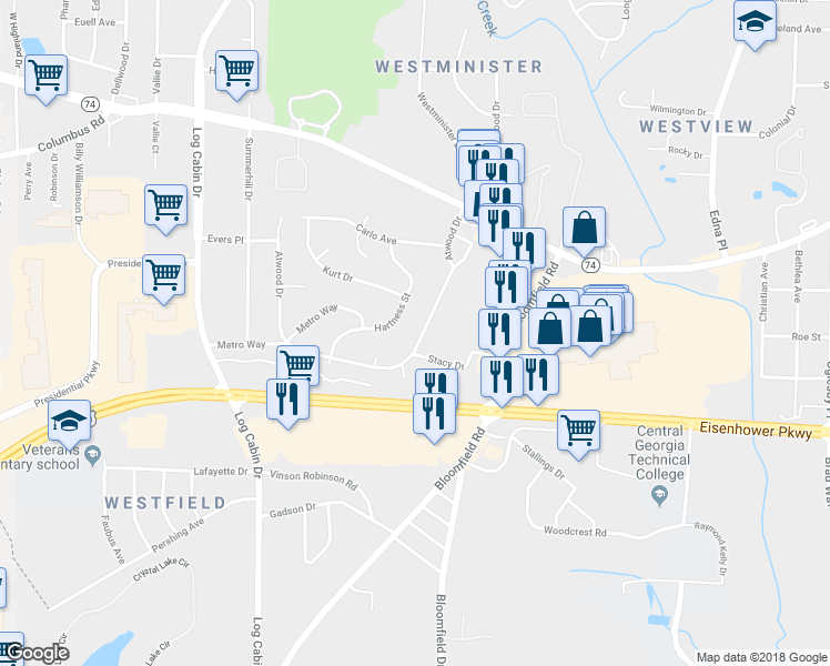 map of restaurants, bars, coffee shops, grocery stores, and more near 3777 Atwood Drive in Macon