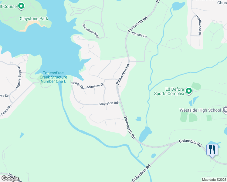 map of restaurants, bars, coffee shops, grocery stores, and more near 2675 Pineworth Road in Macon