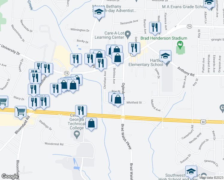 map of restaurants, bars, coffee shops, grocery stores, and more near 1871 Bethlea Avenue in Macon