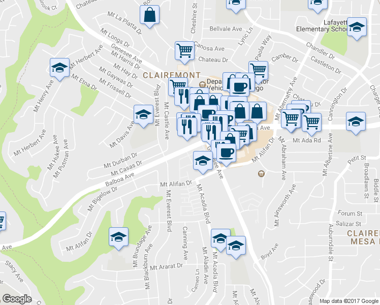 map of restaurants, bars, coffee shops, grocery stores, and more near 4195 Balboa Way in San Diego