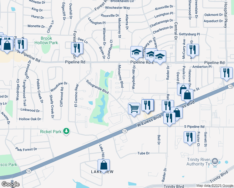 map of restaurants, bars, coffee shops, grocery stores, and more near 1322 Monterrey Boulevard in Euless
