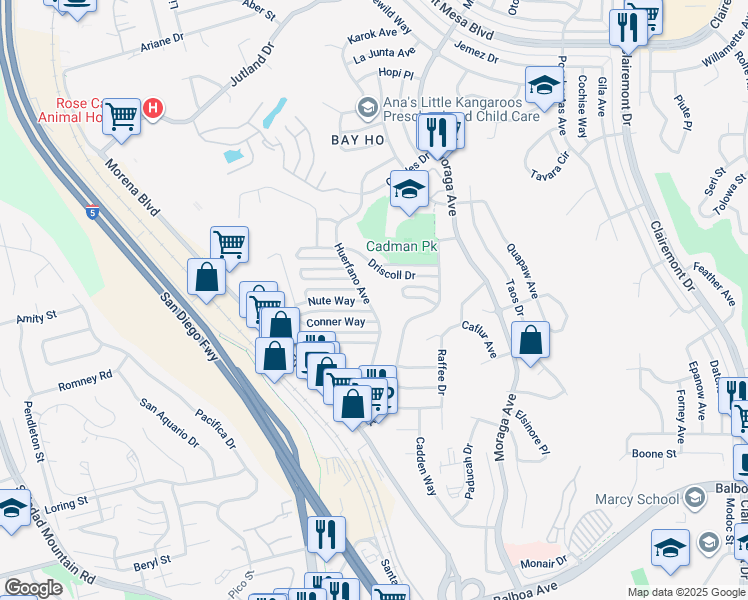 map of restaurants, bars, coffee shops, grocery stores, and more near 4197 Huerfano Avenue in San Diego