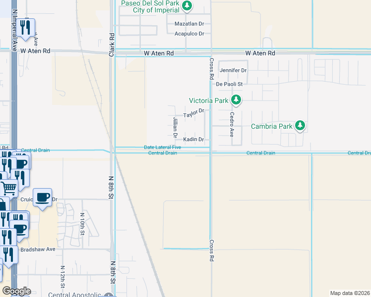 map of restaurants, bars, coffee shops, grocery stores, and more near 2301 Hannah Court in Imperial