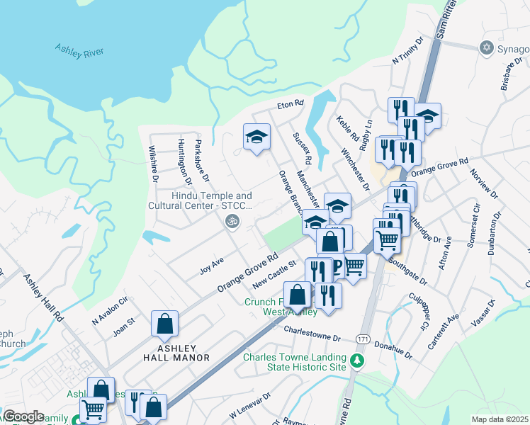 map of restaurants, bars, coffee shops, grocery stores, and more near 306 Royal Palm Boulevard in Charleston