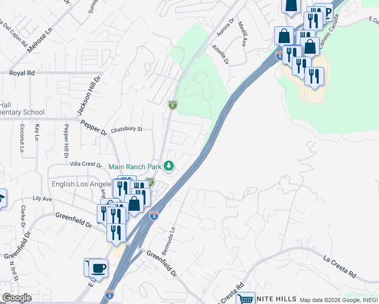 map of restaurants, bars, coffee shops, grocery stores, and more near 1894 Priest Street in El Cajon