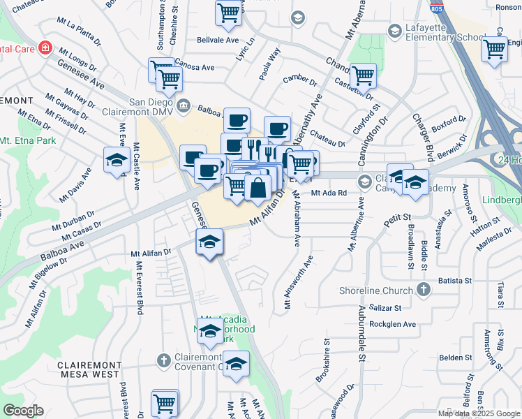 map of restaurants, bars, coffee shops, grocery stores, and more near 5875 Mount Alifan Drive in San Diego