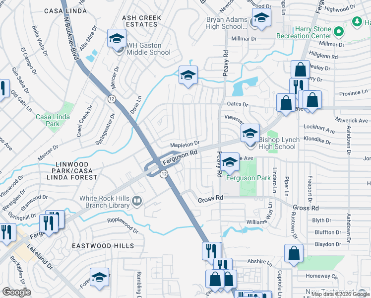 map of restaurants, bars, coffee shops, grocery stores, and more near 1612 Mapleton Drive in Dallas