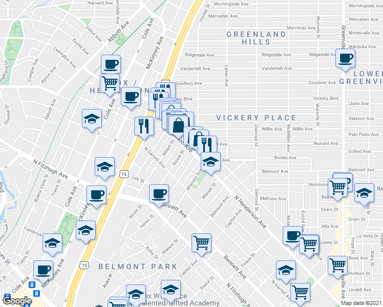 map of restaurants, bars, coffee shops, grocery stores, and more near 2727 North Henderson Avenue in Dallas
