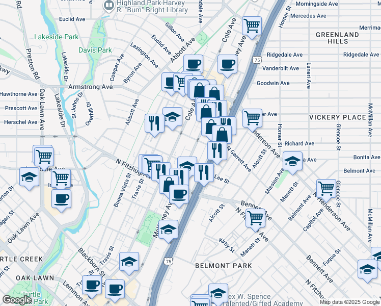 map of restaurants, bars, coffee shops, grocery stores, and more near 4307 McKinney Avenue in Dallas