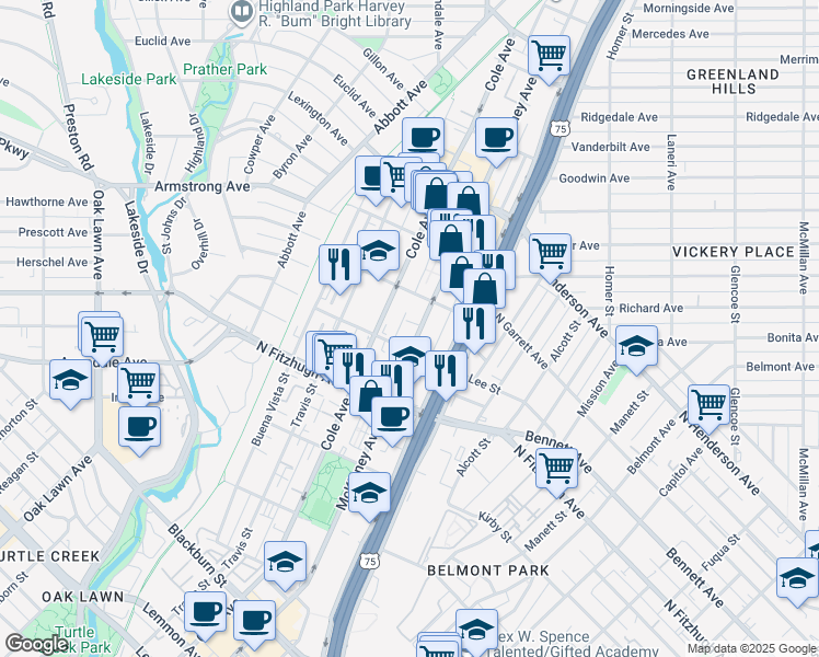map of restaurants, bars, coffee shops, grocery stores, and more near 4307 McKinney Avenue in Dallas