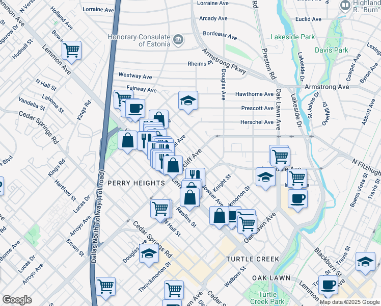 map of restaurants, bars, coffee shops, grocery stores, and more near 5 Holland Avenue in Dallas