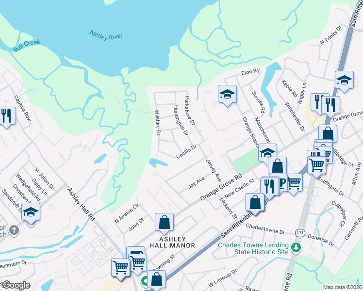 map of restaurants, bars, coffee shops, grocery stores, and more near 1776 Balfoure Drive in Charleston