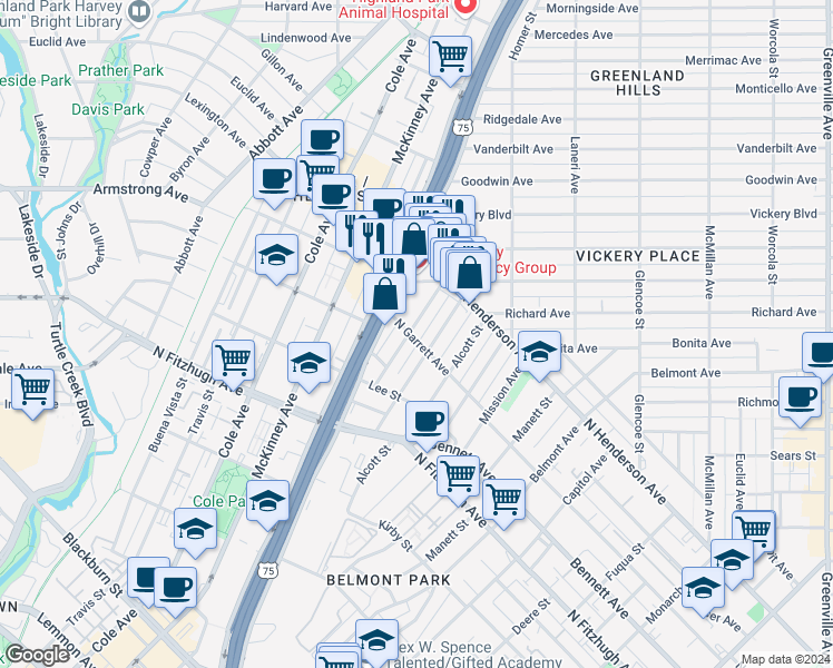map of restaurants, bars, coffee shops, grocery stores, and more near 5102 Pershing Street in Dallas
