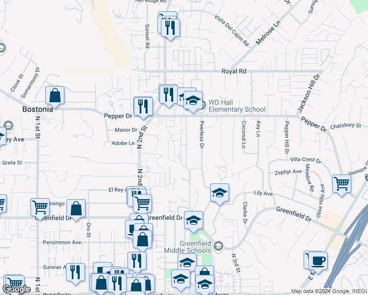 map of restaurants, bars, coffee shops, grocery stores, and more near 1351 Pepper Drive in El Cajon