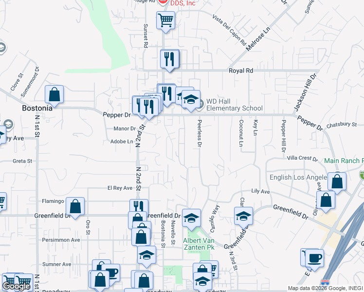 map of restaurants, bars, coffee shops, grocery stores, and more near 1315 Pepper Drive in El Cajon
