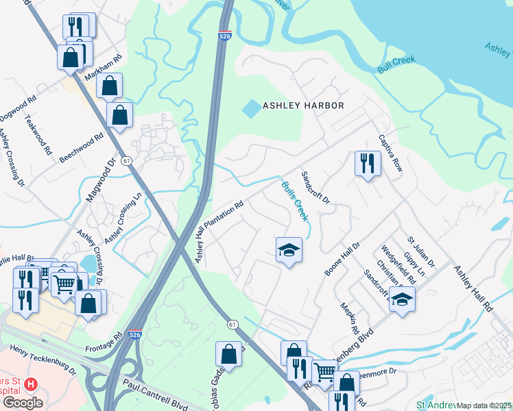 map of restaurants, bars, coffee shops, grocery stores, and more near 3 Pony Lane in Charleston