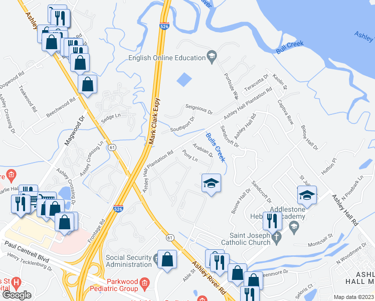 map of restaurants, bars, coffee shops, grocery stores, and more near 3 Pony Lane in Charleston