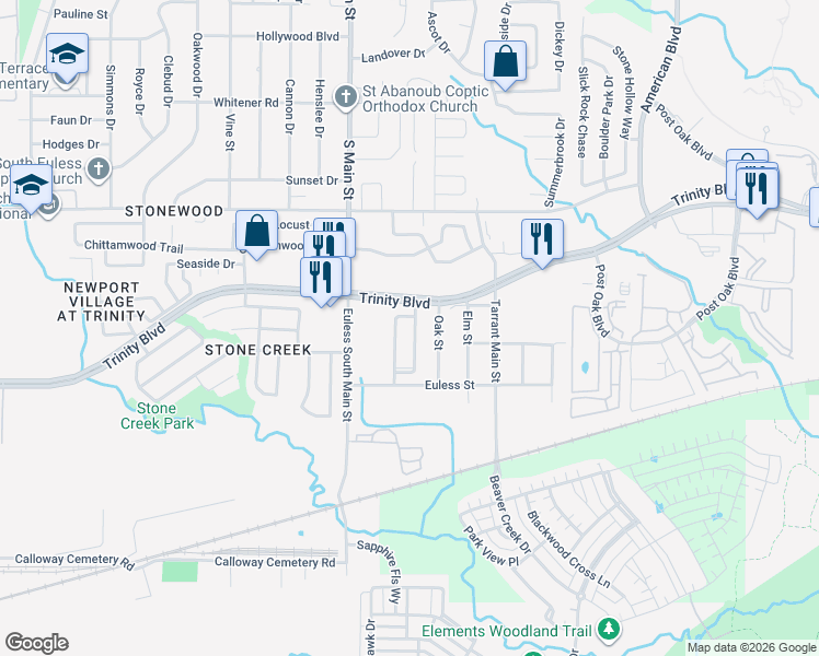 map of restaurants, bars, coffee shops, grocery stores, and more near 3813 Trinity Terrace Lane in Euless