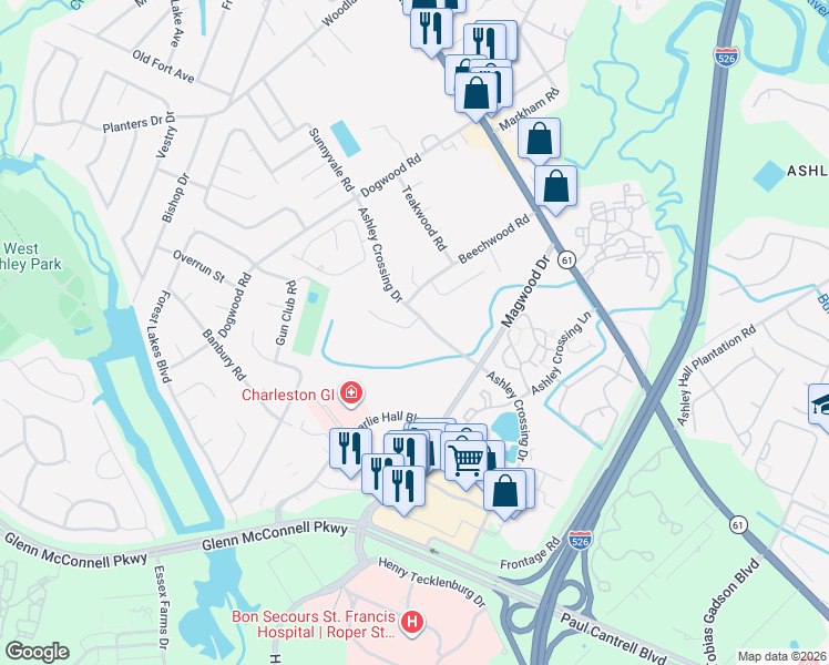 map of restaurants, bars, coffee shops, grocery stores, and more near 1895 Oleander Court in Charleston