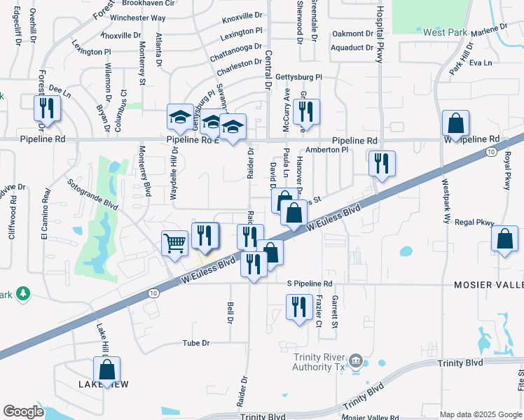 map of restaurants, bars, coffee shops, grocery stores, and more near 3023 West Sycamore Circle in Euless