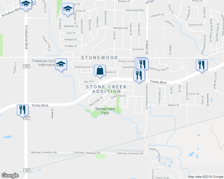 map of restaurants, bars, coffee shops, grocery stores, and more near 12801 Conifer Lane in Euless