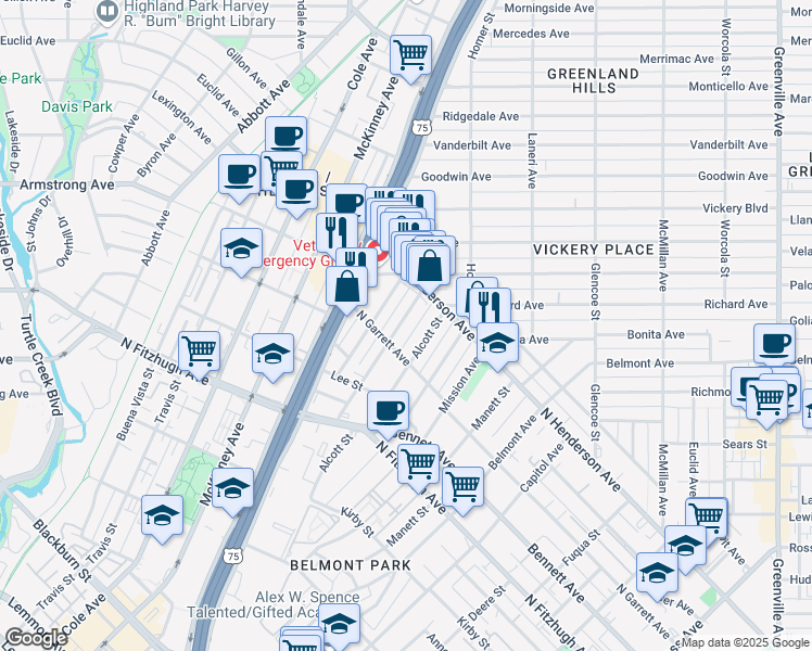 map of restaurants, bars, coffee shops, grocery stores, and more near 5122 Milam Street in Dallas