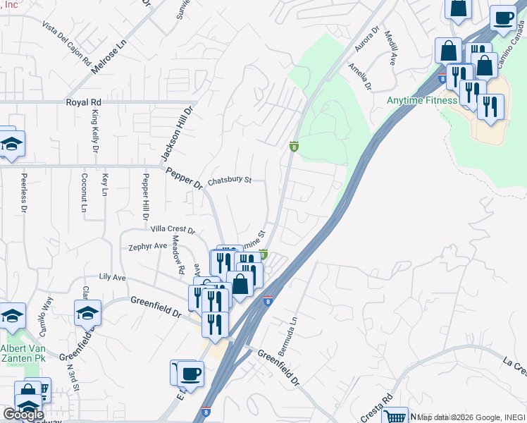 map of restaurants, bars, coffee shops, grocery stores, and more near 1828 Jasmine Street in El Cajon