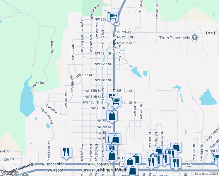 map of restaurants, bars, coffee shops, grocery stores, and more near 1314 Northwest 1st Avenue in Mineral Wells