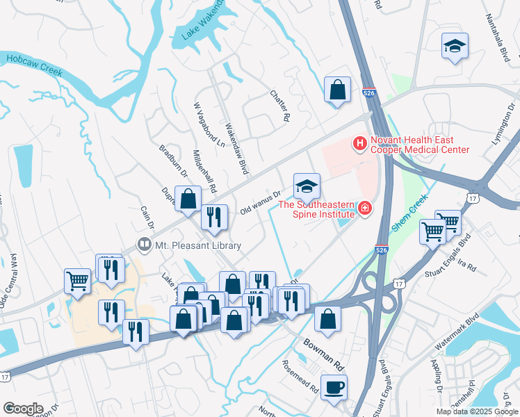 map of restaurants, bars, coffee shops, grocery stores, and more near 1261 Wappetaw Place in Mount Pleasant