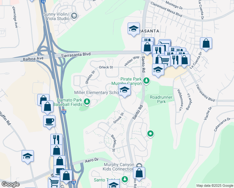 map of restaurants, bars, coffee shops, grocery stores, and more near 4343 Shields Street in San Diego