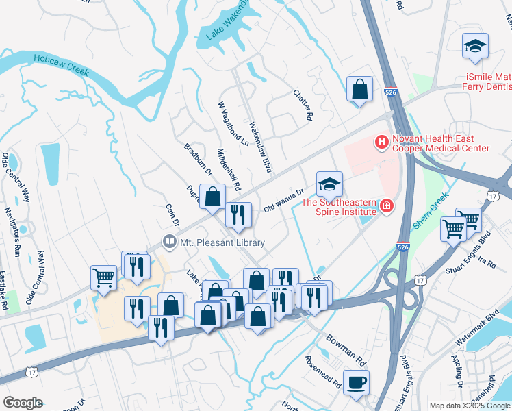 map of restaurants, bars, coffee shops, grocery stores, and more near 1224 Old wanus Drive in Mount Pleasant