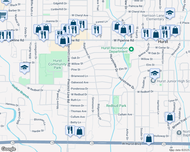 map of restaurants, bars, coffee shops, grocery stores, and more near 550 Ridgecrest Drive in Hurst