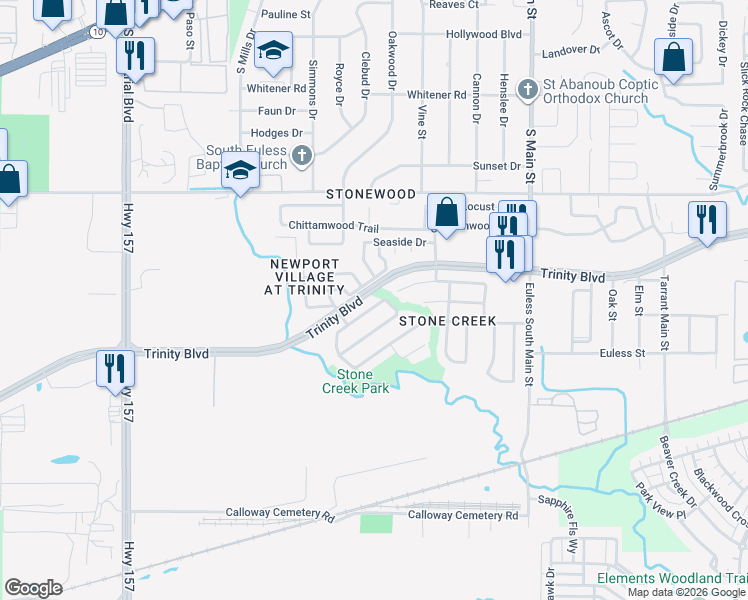 map of restaurants, bars, coffee shops, grocery stores, and more near 12733 Beech Tree Lane in Euless
