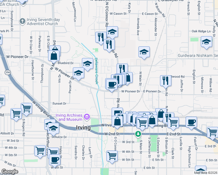 map of restaurants, bars, coffee shops, grocery stores, and more near 511 Cedar Drive in Irving