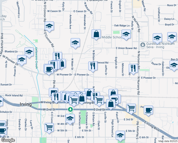 map of restaurants, bars, coffee shops, grocery stores, and more near 510 North Delaware Street in Irving