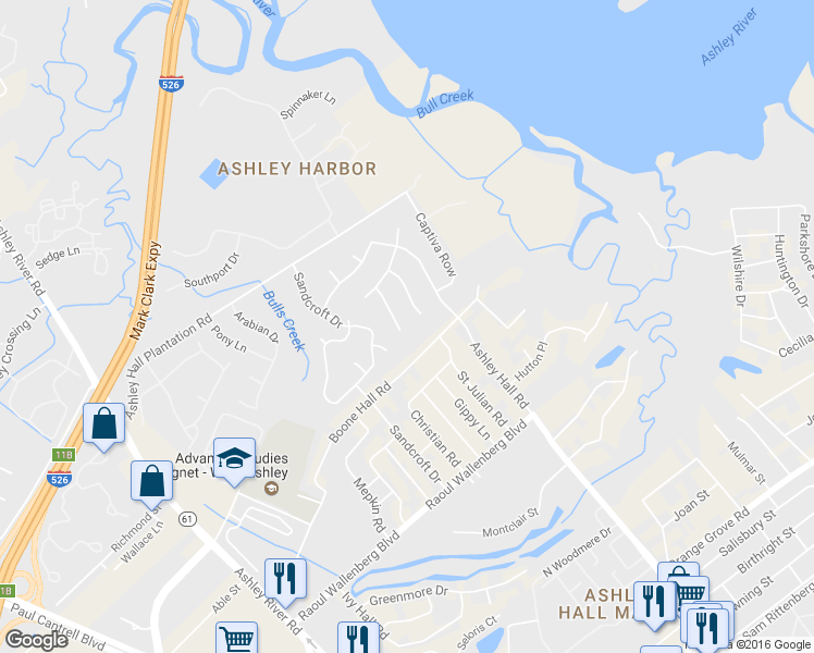 map of restaurants, bars, coffee shops, grocery stores, and more near 13 Casa Bianca Drive in Charleston