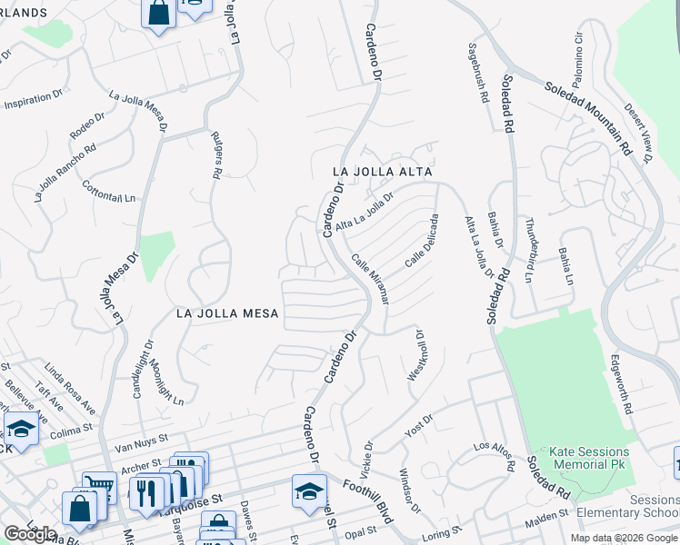 map of restaurants, bars, coffee shops, grocery stores, and more near 5710 Caminito Empresa in San Diego