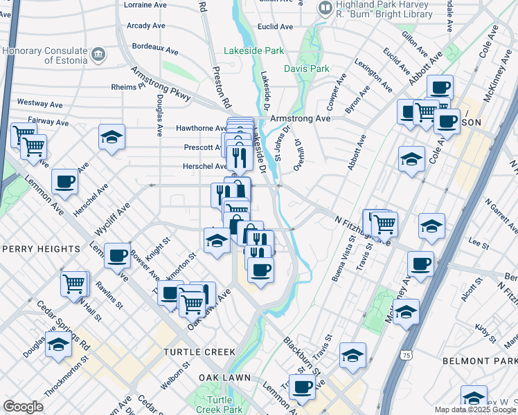 map of restaurants, bars, coffee shops, grocery stores, and more near 4335 Newton Court in Dallas