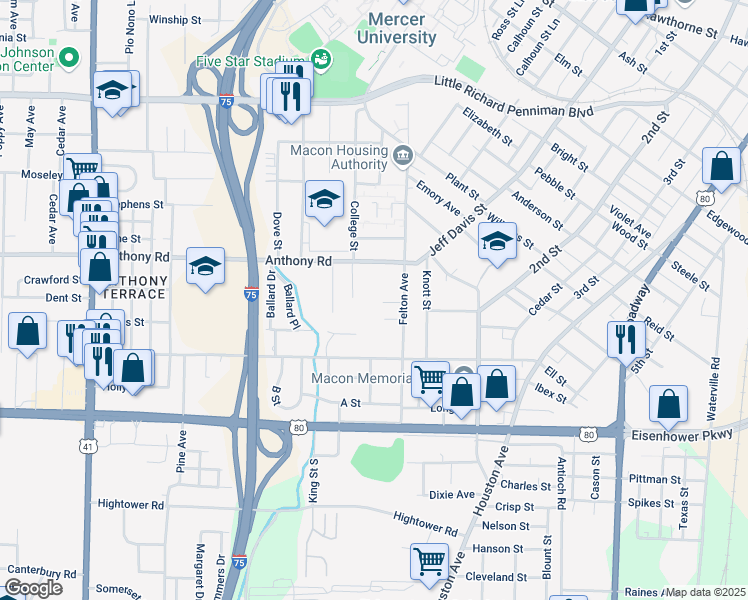 map of restaurants, bars, coffee shops, grocery stores, and more near 2265 Armory Drive in Macon