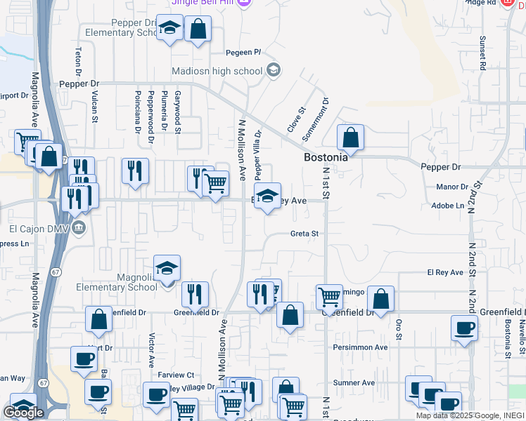 map of restaurants, bars, coffee shops, grocery stores, and more near 1696 Buckeye Drive in El Cajon