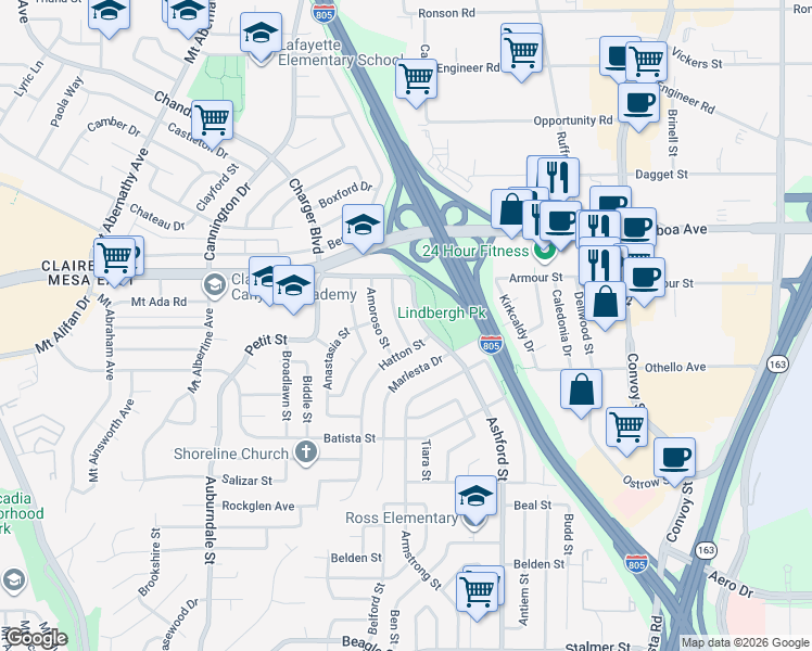 map of restaurants, bars, coffee shops, grocery stores, and more near 4137 Mustang Street in San Diego