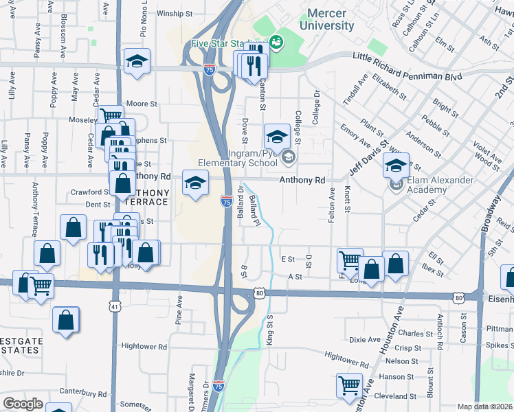 map of restaurants, bars, coffee shops, grocery stores, and more near 912 Anthony Road in Macon