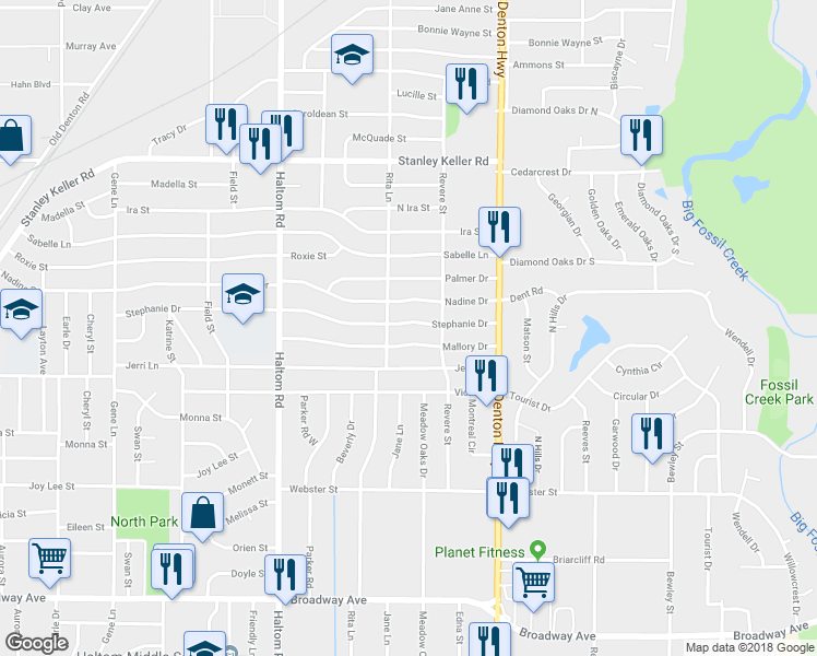 map of restaurants, bars, coffee shops, grocery stores, and more near 5312 Stephanie Drive in Fort Worth