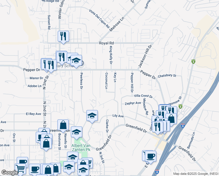 map of restaurants, bars, coffee shops, grocery stores, and more near 1615 Coconut Lane in El Cajon