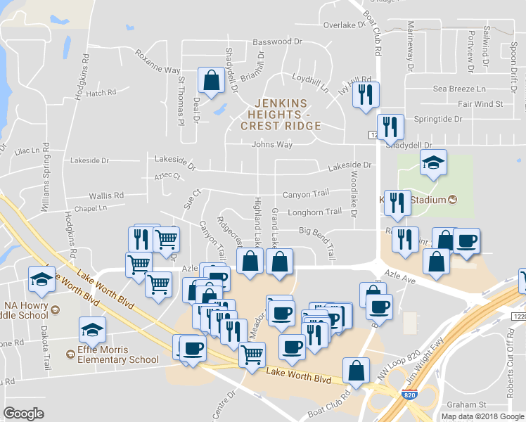 map of restaurants, bars, coffee shops, grocery stores, and more near 4304 Highland Lake Drive in Fort Worth