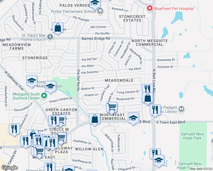map of restaurants, bars, coffee shops, grocery stores, and more near 503 Button Drive in Mesquite