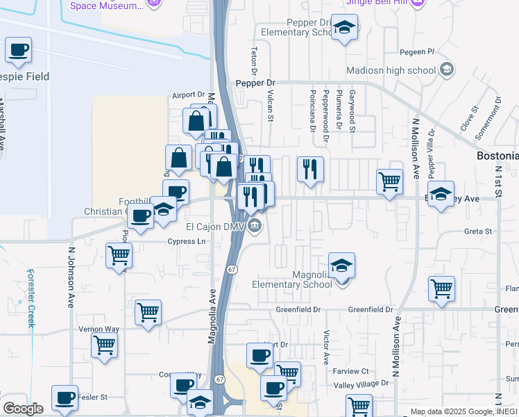 map of restaurants, bars, coffee shops, grocery stores, and more near 1468 Graves Avenue in El Cajon