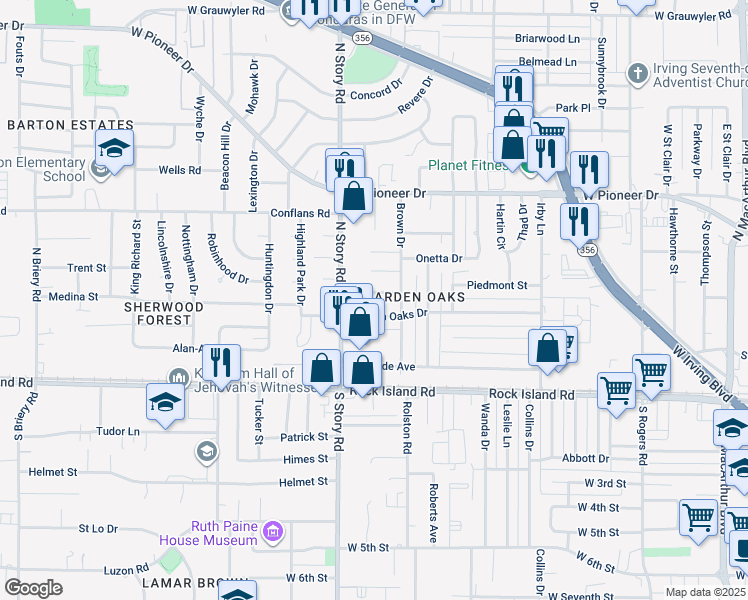 map of restaurants, bars, coffee shops, grocery stores, and more near 2221 Piedmont Street in Irving