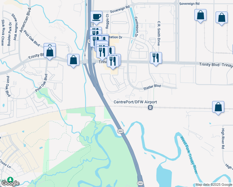 map of restaurants, bars, coffee shops, grocery stores, and more near 14312 Oakridge Circle in Fort Worth